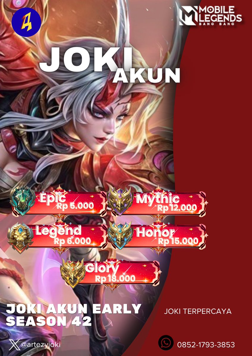 artezyjoki's tweet photo. NEW PRICELIST JOKI MLBB EARLY SEASON 42 BY https://t.co/ag6JNh1Nhm

LANGSUNG AJE DUL POKOKNYE KITE READY SELALU⚡️⚡️

Benefit yang didapatkan:
✅Free request hero
✅Joki murni anti RW
✅MMR/Winrate auto naik
✅Keamanan akun terjamin
✅Proses tanpa antri
#jokiml #jokgen https://t.co/3bGrYWHx1b
