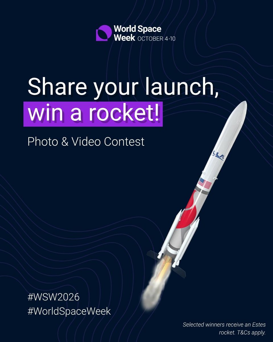 WorldSpaceWeek's tweet photo. 🚀 Win an Estes ULA Vulcan model rocket, sponsored by ULA!

Oct 4–10: launch a model rocket or try a toolkit DIY activity.

📸 Include a physical World Space Week sign.

Tag @worldspaceweek &amp; add your event: https://t.co/UYh9ROGGSy

Toolkit: https://t.co/p8ArM0AAFW

#WSW2026 https://t.co/T6XwKenXv2
