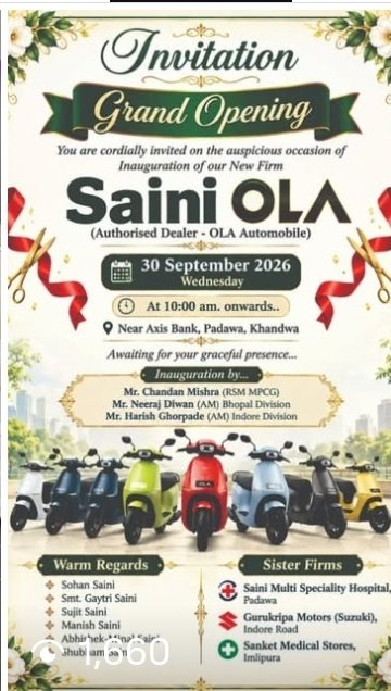 ramanatha_bhat's tweet photo. 🚨 NETWORK EXPANSION IN MP: Saini OLA Opens Authorized Dealership in Khandwa! 🛵⚡🇮🇳

​Ground retail execution continues to scale! Today (30.09.2026), Saini OLA inaugurated its brand-new authorized dealership in Khandwa, Madhya Pradesh:

​📍 Location: Near Axis Bank, Padawa, Khandwa (MP)

​🔹 Maruti Dealer Synergy: Run by a respected local group that also operates Gurukripa Motors (Maruti Suzuki) & Saini Hospital—bringing decades of automotive service experience directly to Ola customers!
🔹 Full 3S Facility: Spanning modern MoveOS experience bays, ready stock of the S1 lineup, and dedicated showroom space for the upcoming Roadster X+ motorcycle era!
🔹 Tier-3 Penetration: Strengthening after-sales trust and immediate festive deliveries across the Nimar region.
  
​While timeline cynics post theories, real physical automotive infrastructure is expanding across every corner of India! 🚀🔥
  
​cc: @bhash @OlaElectric
#OlaElectric #Khandwa #MadhyaPradesh #SainiOla #EVRevolution #MakeInIndia #RetailExpansion #AutoRetail
