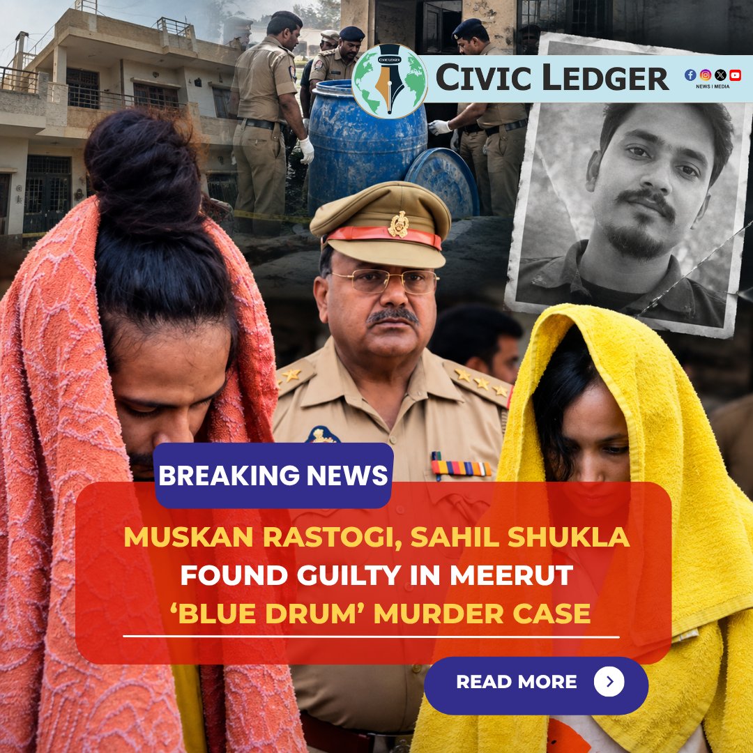 CivicLedger731's tweet photo. Muskan Rastogi, Sahil Shukla Found Guilty in Meerut ‘Blue Drum’ Murder Case
#Meerut #MuskanRastogi #SahilShukla #SaurabhRajput #BlueDrumCase #MurderCase #UttarPradesh #CrimeNews #CivicLedger https://t.co/WKlWU8AnYW