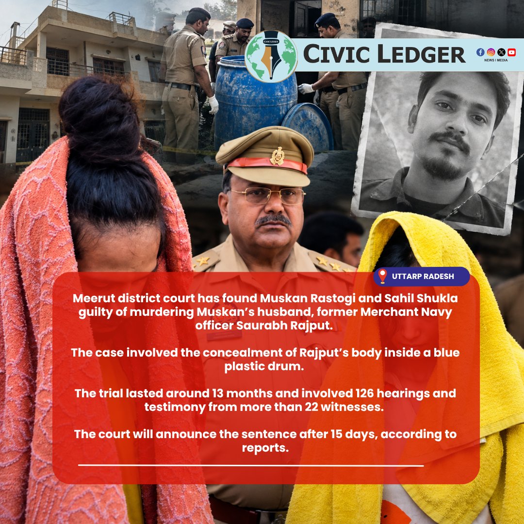 CivicLedger731's tweet photo. Muskan Rastogi, Sahil Shukla Found Guilty in Meerut ‘Blue Drum’ Murder Case
#Meerut #MuskanRastogi #SahilShukla #SaurabhRajput #BlueDrumCase #MurderCase #UttarPradesh #CrimeNews #CivicLedger https://t.co/WKlWU8AnYW