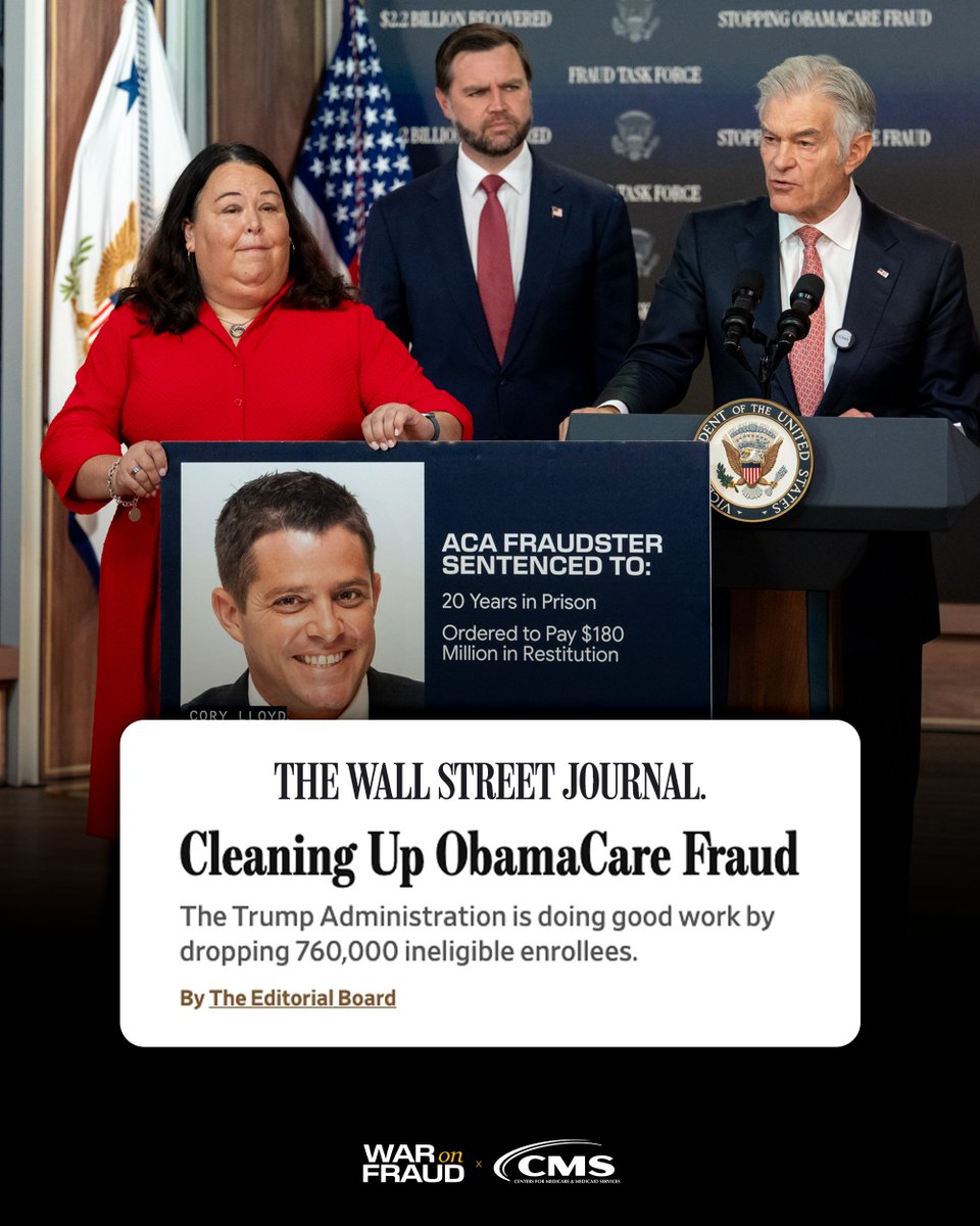 DrOzCMS's tweet photo. Removing the fraud from the ACA Marketplace isn’t just a fiscally smart action for CMS to take — it’s the right one.

CMS and @VP Vance’s @WHFraudTF are saving taxpayers $2.2 BILLION by removing phantom enrollees and bringing trust back into our healthcare programs. https://t.co/Ey7e8UZYnY