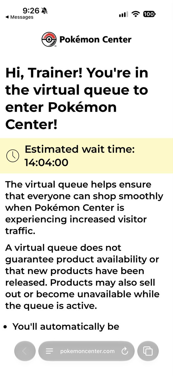 ollybits's tweet photo. Ok Pokemon Center 🥲.

Preorder dropped at 9:00
Text Messages sent at 9:25

I’m remembering why I stopped collecting lmao. Oh well. At one point after an hour in queue I went from 4 hours left to 6. I’ll just go back to buying singles 🧍🏻‍♀️. Welp. GG to everyone that got something https://t.co/2GqdInOfRa