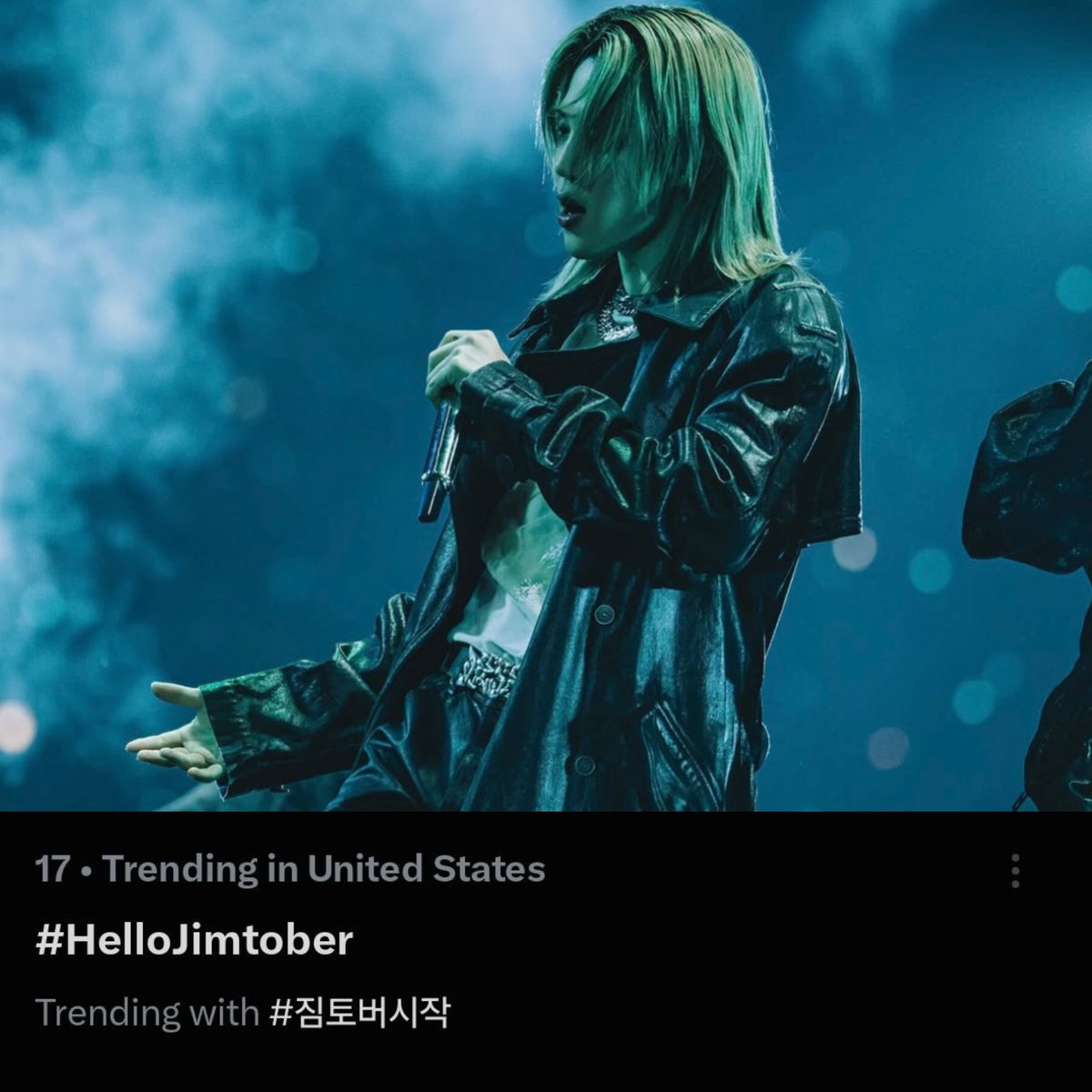 JiminGlobal's tweet photo. 🇺🇸 Jimin is the only K-pop act trending now in United States as fans kick off JIMTOBER with #HelloJimtober and #짐토버시작, celebrating the start of his birthday month! 🎉

JIMTOBER IS HERE https://t.co/t3PXHSSttJ