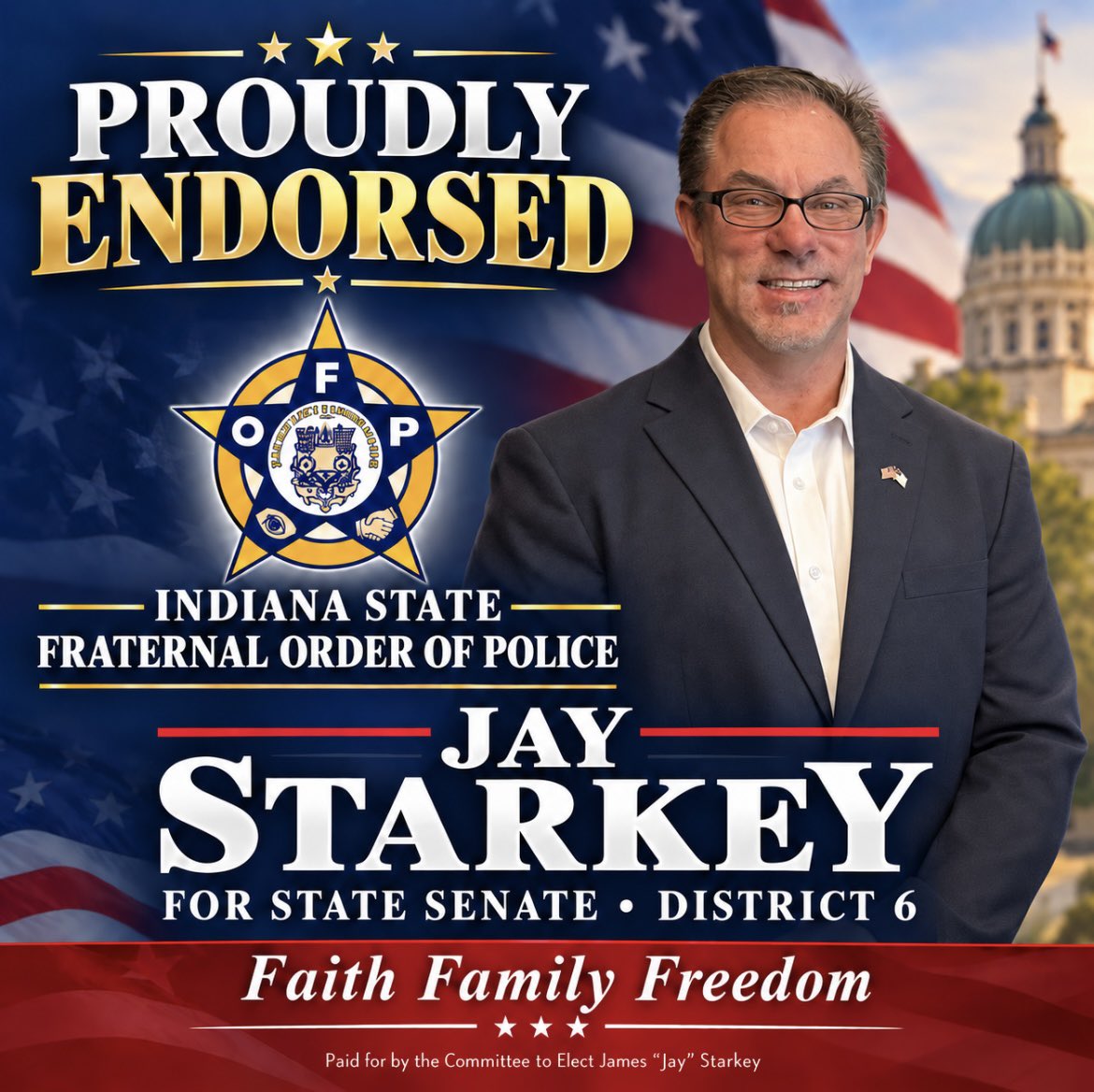 JayStarkeySen6's tweet photo. Honored to receive the endorsement of the Indiana State Fraternal Order of Police! I’ll stand with our officers and work to ensure they have the resources and support to keep our communities safe.
Faith🇺🇸
Family🇺🇸
Freedom🇺🇸
#BackTheBlue #JayStarkey #District6 https://t.co/gpAuEsgKvK