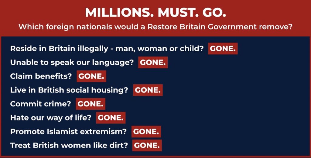 RestoreBritain's tweet photo. Which foreign nationals will a Restore Britain Government deport? https://t.co/BBz5ZZuhAW