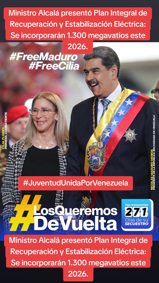 FloresLealAli's tweet photo. #JuventudUnidaPorVenezuela
Ministro Alcalá presentó Plan Integral de Recuperación y Estabilización Eléctrica: Se incorporarán 1.300 megavatios este 2026 #29Sep
https://t.co/JQnjHnn12T https://t.co/6f7PgJyGTu