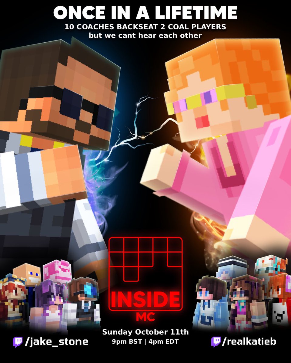 InsideMCStudios's tweet photo. Can five MCSR Ranked "coaches" backseat one coal player to a victory without being able to communicate with each other?

Against another coal doing the exact same thing...

Join us on Sunday October 11th at 9pm BST | 4pm EDT for a ONCE IN A LIFETIME matchup! https://t.co/0qQ8BrK4j8