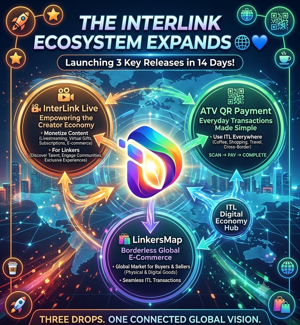paseli51572's tweet photo. The Future of the InterLink Ecosystem Is Here 🌐
​Over the next two weeks, we are rolling out three major ecosystem updates. Designed to power a unified digital economy, these products will allow you to create, earn, pay, and spend within one global network.
​1. InterLink Live — Empowering the Creator Economy
InterLink Live bridges creators, communities, and digital commerce.
​For Creators: Monetize content through livestreams, virtual gifts, subscriptions, e-commerce, and community rewards.
​For Linkers: Discover talent, engage with communities, and unlock exclusive digital experiences.
​2. ATV QR Payment — Everyday Transactions Made Simple
Pay with ITL in real life using a fast SCAN → PAY → COMPLETE workflow. From morning coffee and retail shopping to travel and cross-border services, ATV connects users, merchants, and global payment networks effortlessly.
​3. LinkersMap — Borderless Global E-Commerce
A dedicated global marketplace linking buyers and sellers across borders. Connect with international merchants to buy and sell physical or digital goods using ITL.
​Three Releases. One Connected Vision.
​Option 2: High Energy & Engaging (Best for Telegram, Discord, or X/Twitter)
​Big news, InterLink Community! 🚀🌐
​Over the next 14 days, we’re dropping three massive ecosystem updates designed to build a single, connected digital economy where you can create, earn, pay, and spend seamlessly.
​Here’s what’s coming:
​🎥 InterLink Live
Our all-in-one hub for the creator economy. Creators can monetize via streams, subscriptions, and e-commerce, while Linkers get direct access to top talent and exclusive perks.
​☕ ATV QR Payment
Crypto payments for everyday life. Just SCAN → PAY → COMPLETE. Use ITL for coffee, shopping, travel, and international payments.
​🛍️ LinkersMap
The ultimate borderless e-commerce network. Trade physical and digital goods with merchants worldwide using ITL.
​🔗 3 Drops. 1 Connected Ecosystem.
​Option 3: Concise & Punchy (Best for newsletters or brief announcements)
​The InterLink Ecosystem Expands
​We are launching three key features over the next two weeks to connect creation, payments, and commerce under one seamless ITL-powered network:
​InterLink Live: A monetization and streaming hub connecting creators with their communities through live content, subscriptions, and rewards.
​ATV QR Payment: Instant, scan-to-pay functionality for everyday real-world transactions using ITL—from local shops to global travel.
​LinkersMap: A borderless e-commerce platform for buying and selling physical and digital goods globally.
​Three releases. One unified network.
@kv_interlink 
@reina_itl 
@MaheshMagnus1 
@inter_link 
@interlinklabsas 
#interlink #itlg #itl