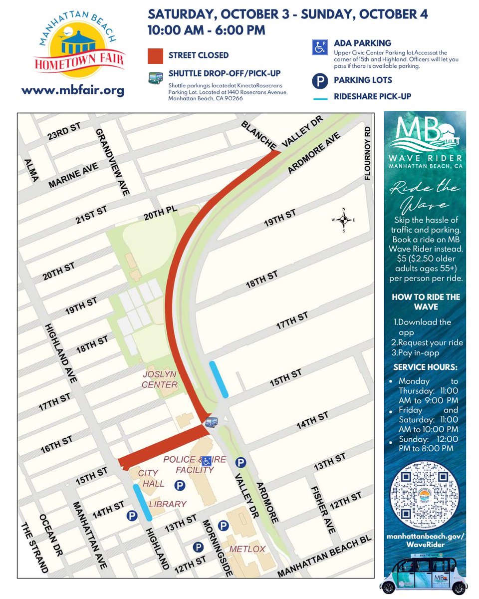 citymb's tweet photo. 🎡 Hometown Fair weekend is almost here! Road closures &amp; parking restrictions will impact Valley Dr. and 15th St. beginning Friday, Oct. 2. 🚧

➡️ Swipe for the traffic map.

Skip parking &amp; Ride the Wave! On-demand rides with no fixed routes. https://t.co/9ldjLC789g