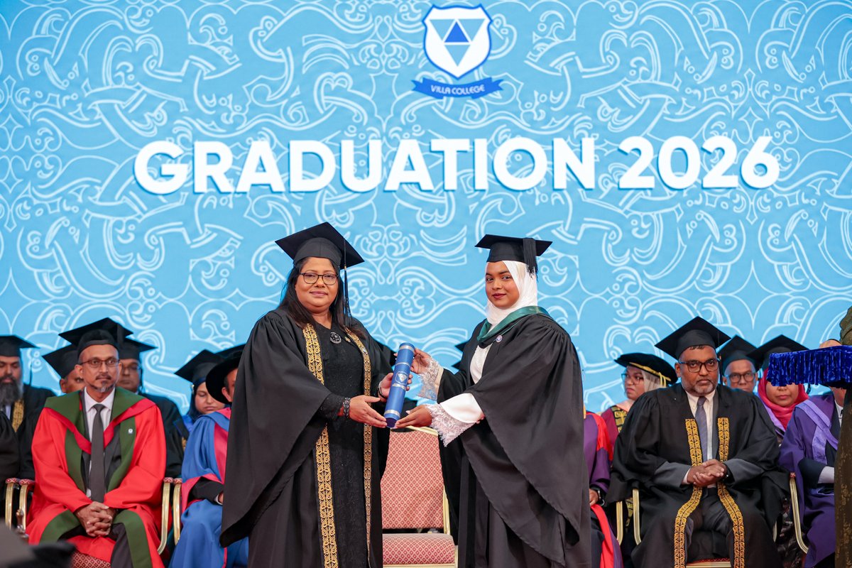 VillaCollegeMv's tweet photo. Villa College confers 12 qualifications tonight across research studies, public health, pharmacy, Shariah and law, psychology and counselling. The conferment is conducted before the ceremonial mace, once raised to open the People’s Majlis. We congratulate every graduate on reaching this milestone. 

#VillaCollege #VCGraduation2026 #PublicHealth