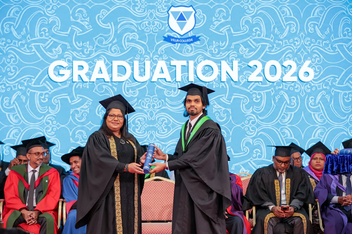 VillaCollegeMv's tweet photo. Villa College confers 12 qualifications tonight across research studies, public health, pharmacy, Shariah and law, psychology and counselling. The conferment is conducted before the ceremonial mace, once raised to open the People’s Majlis. We congratulate every graduate on reaching this milestone. 

#VillaCollege #VCGraduation2026 #PublicHealth