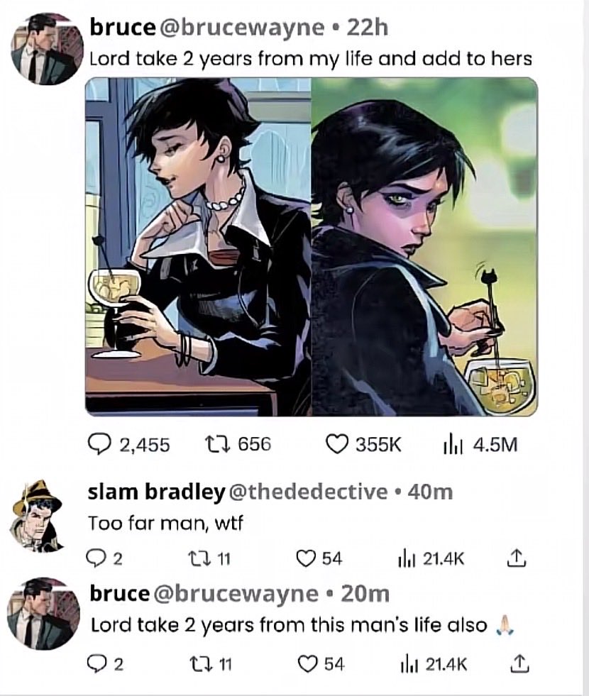 LushApricitycom's tweet photo. In light of there being a sudden influx of people on Tik Tok genuinely thinking Slam Bradley and Selina are a good couple, let it be known that Batman went out of his way to mess Bradley up because of his treatment towards Selina 😭✌️
#batcat https://t.co/TJx3osZ1gI