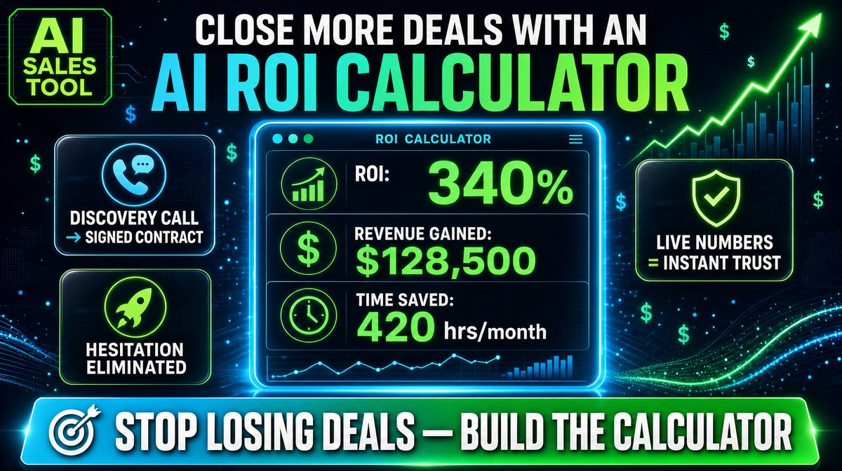 LawtonSolution's tweet photo. You're losing consulting deals because prospects can't see the numbers.

Build a live AI ROI calculator.

Run it on your discovery call.

Watch hesitation turn into a signed contract.

Template in the comments. Use it. Close someone. https://t.co/gHSyCqQ4dK
