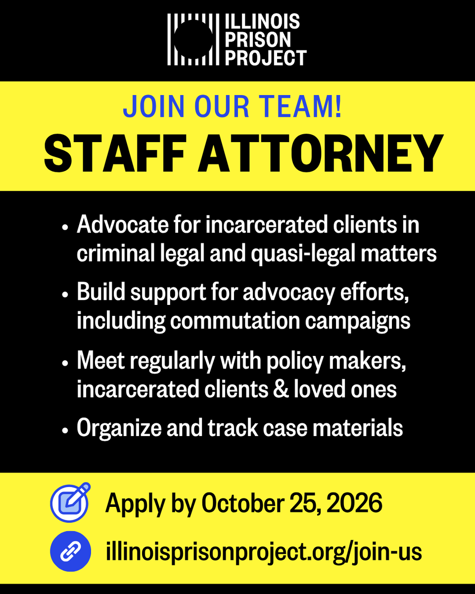ILPrisonProject's tweet photo. IPP his hiring a staff attorney to work directly with incarcerated people &amp; their loved ones to find pathways out of prison. The ideal candidate is passionate about criminal legal reform &amp; our clients, a creative thinker, and an excellent writer.  Details: https://t.co/YOqeoJ71KG https://t.co/ep5IlGU43Y