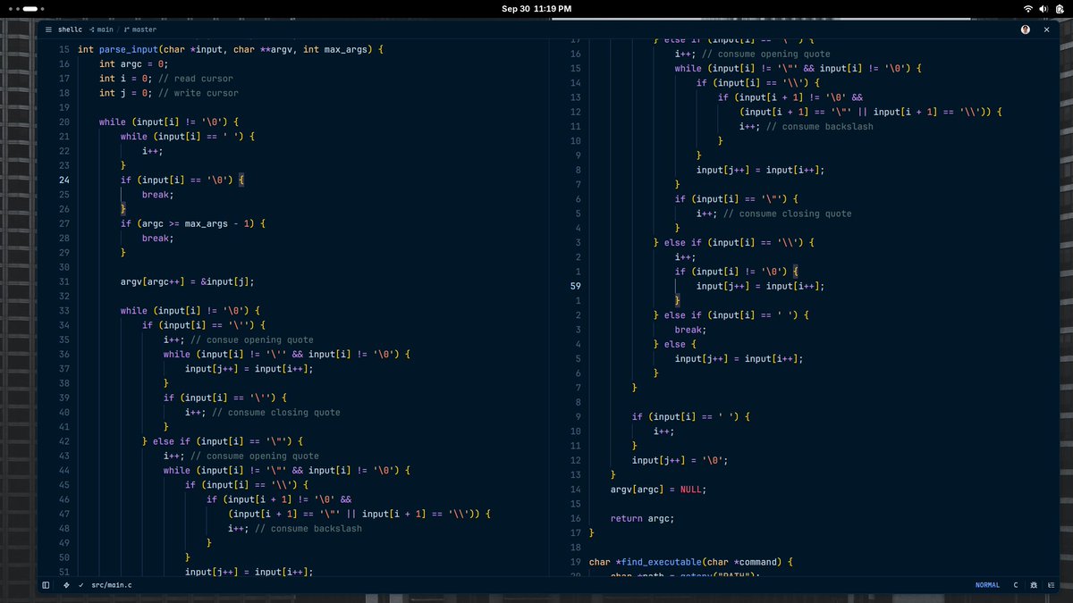 talimbuilds's tweet photo. spent way too long getting command parsing working in C for the codecrafters shell challenge

single quotes, double quotes, backslash escapes… all the little edge cases

C strings make you earn it every time https://t.co/JUDdw0GF8O