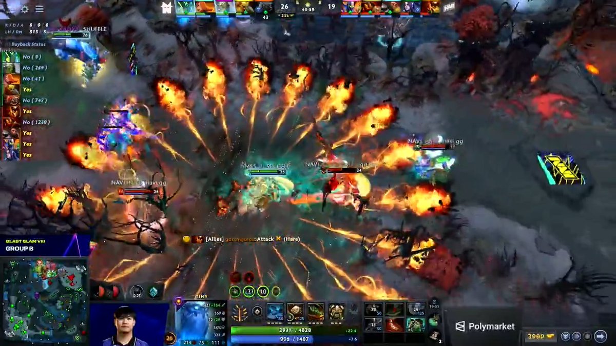 A Dota 2 esports broadcast showing a chaotic team fight with massive fire effects, player stats panels, and a Polymarket logo in the bottom right.