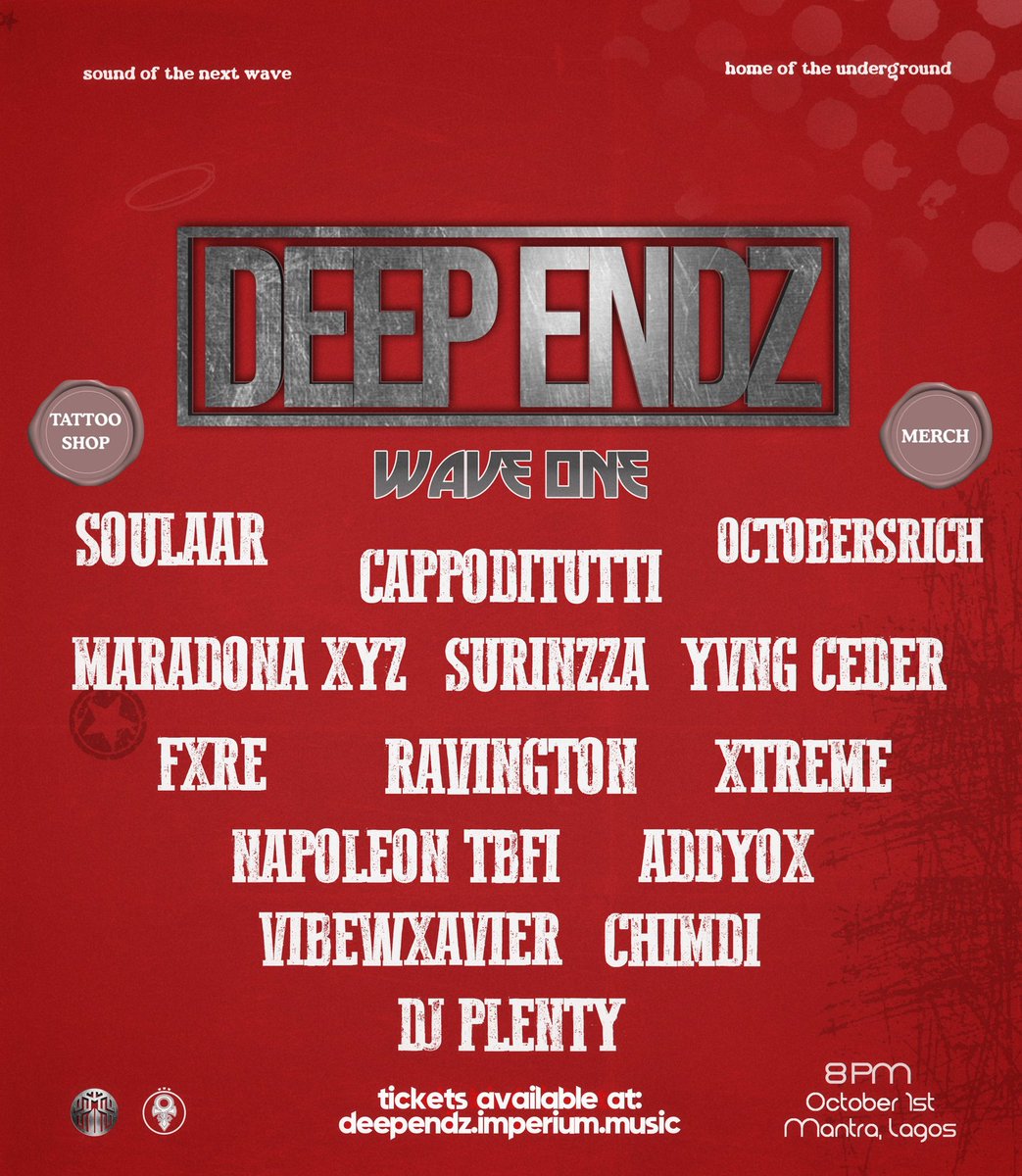 wearetooturnt's tweet photo. DEEP ENDZ PRESENTS FULL UNDERGROUND LINEUP:

OCTOBERSRICH, CAPPODITUTTI, RAVIGNTON, ZEN UNIVRSE, AR4, MAE VRSE, ERIGOTHI, VALEE YVE, JEMIYO, MYST, YVNG CEDER, TRENCHBOY &amp; more

📍Mantra, VI
🗓️: OCT 1 https://t.co/eKMrPaaF7n