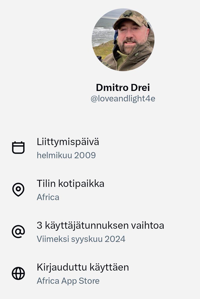 SuorantaOuti's tweet photo. @Dmitro7607 Hi Dmitro! I'm following you (though have not seen your posts). But now I noticed someone pretending to be you, because this African account "loveandlight4e" suddenly started following me. I thought you should know.
Everyone, be careful and check. Report. https://t.co/fRZmhaTwy6