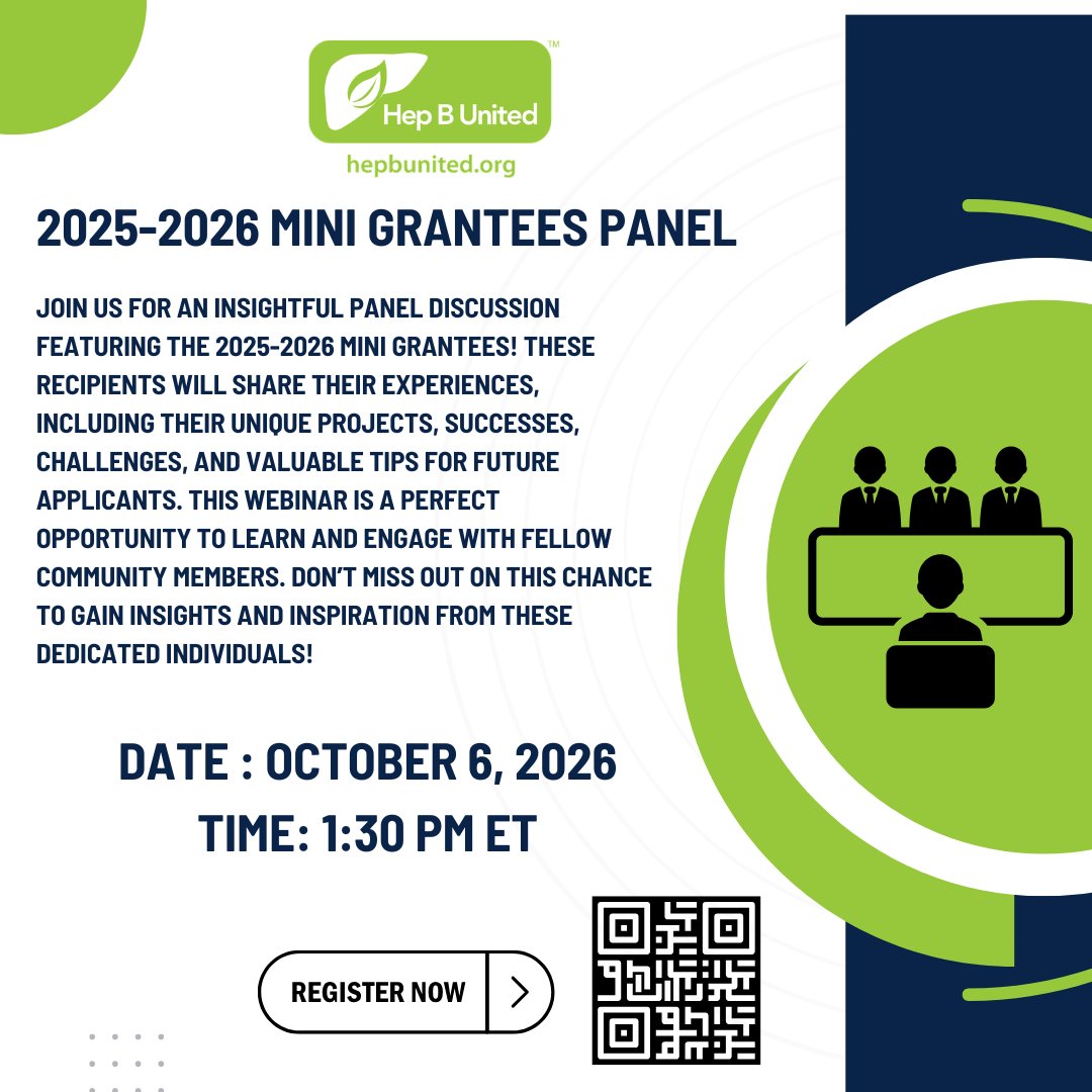 HepBUnited's tweet photo. Join us for an insightful panel discussion featuring the 2025-2026 mini grantees! 
Date and Time: Tuesday, October 6th at 1:30 p.m. ET
https://t.co/MbNSkIjpPs
#hepB #minigrant #webinar https://t.co/KyAh18JijR