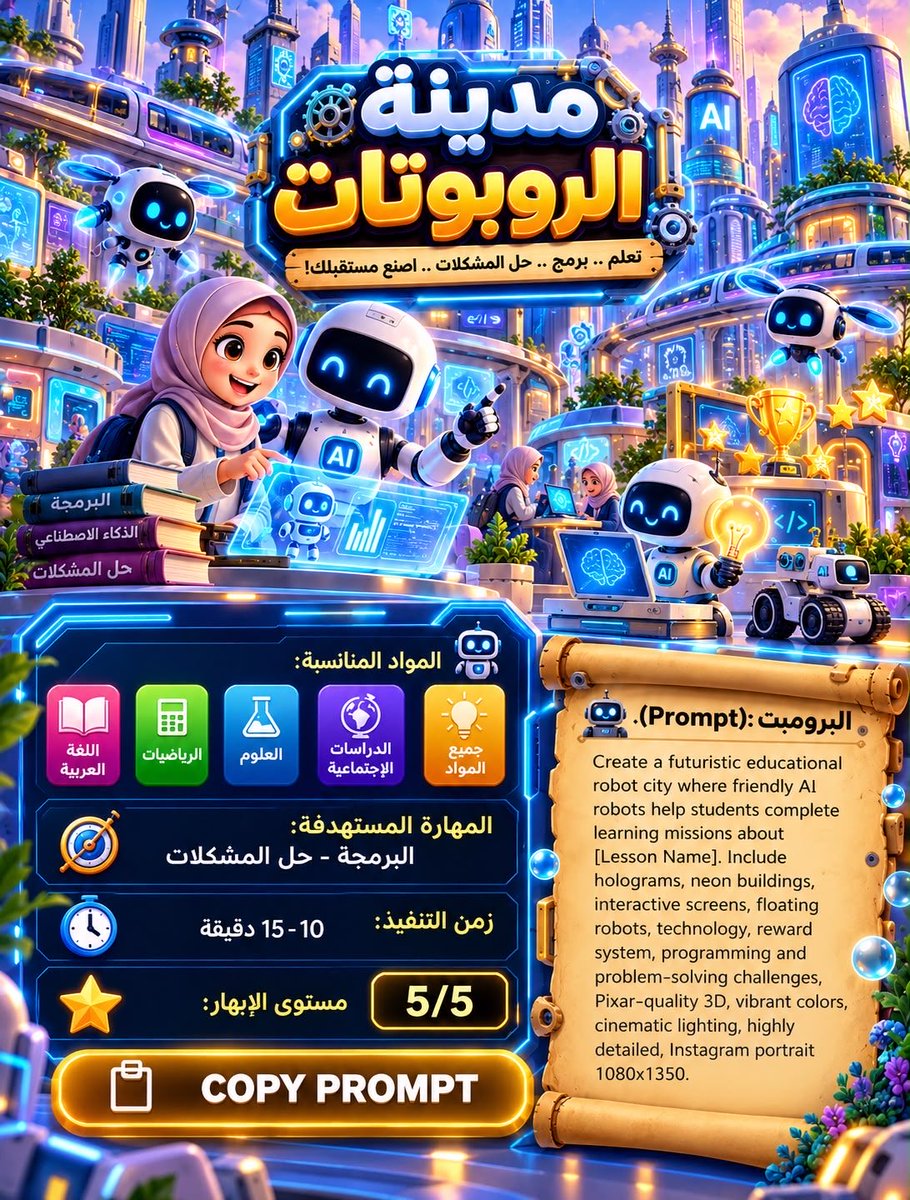 fwl_mak's tweet photo. 🎯 4 أوامر لتحويل أي درس إلى 
لعبة احترافية تفاعلية 🌟

 1️⃣ سباق السرعة 🏁🚙

2️⃣ قلعة المعرفة 🏰

 3️⃣ مدينة الروبوتات 🤖

 4️⃣ مدينة الأعماق 🌊

#وزارة_التعليم #ChatGpt 
#تكنولوجيا_التعليم #prompt 
#الذكاء_الاصطناعي_في_التعليم
#مساء_الخـير https://t.co/BDrthsJ1xn