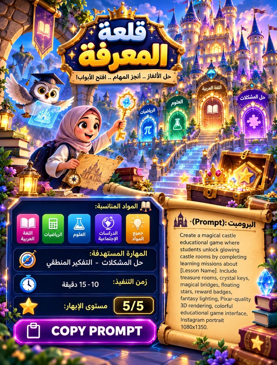 fwl_mak's tweet photo. 🎯 4 أوامر لتحويل أي درس إلى 
لعبة احترافية تفاعلية 🌟

 1️⃣ سباق السرعة 🏁🚙

2️⃣ قلعة المعرفة 🏰

 3️⃣ مدينة الروبوتات 🤖

 4️⃣ مدينة الأعماق 🌊

#وزارة_التعليم #ChatGpt 
#تكنولوجيا_التعليم #prompt 
#الذكاء_الاصطناعي_في_التعليم
#مساء_الخـير https://t.co/BDrthsJ1xn