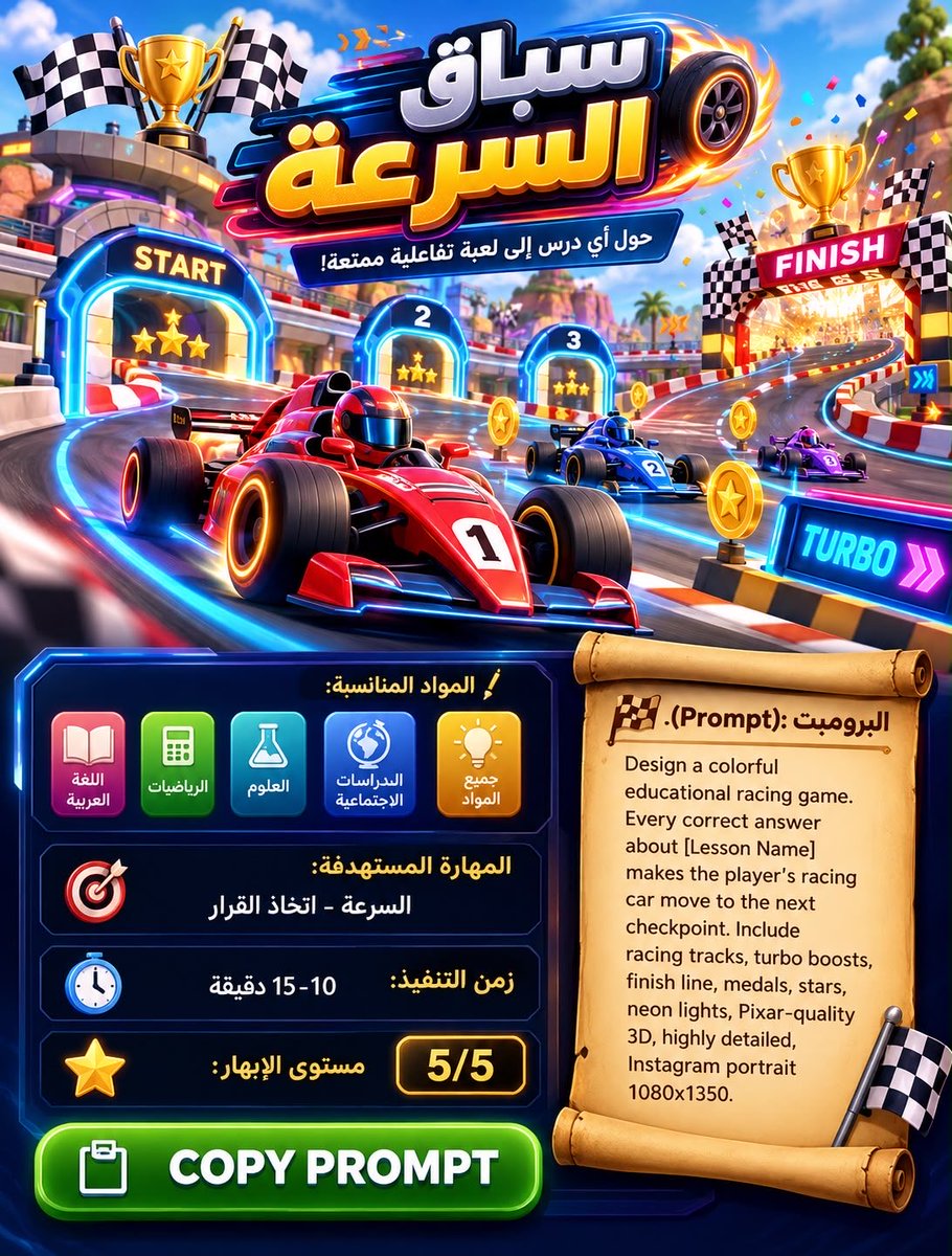 fwl_mak's tweet photo. 🎯 4 أوامر لتحويل أي درس إلى 
لعبة احترافية تفاعلية 🌟

 1️⃣ سباق السرعة 🏁🚙

2️⃣ قلعة المعرفة 🏰

 3️⃣ مدينة الروبوتات 🤖

 4️⃣ مدينة الأعماق 🌊

#وزارة_التعليم #ChatGpt 
#تكنولوجيا_التعليم #prompt 
#الذكاء_الاصطناعي_في_التعليم
#مساء_الخـير https://t.co/BDrthsJ1xn