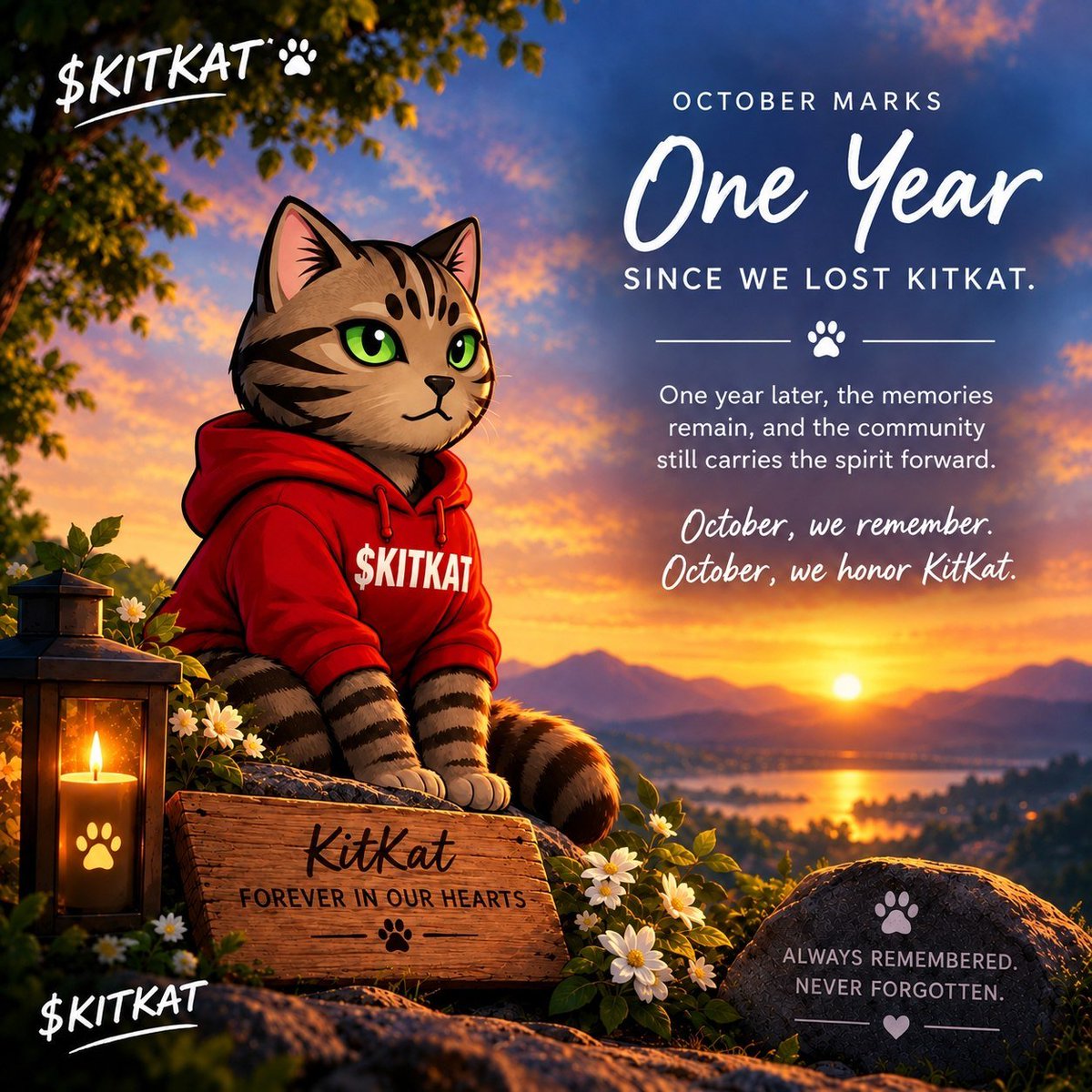 zeidanielsr's tweet photo. 🐱🕊️ October marks one year since we lost KitKat.

One year later, the memories remain, and the community still carries the spirit forward.

1 year of building, believing, surviving, and growing with the community.

October, we remember.
October, we honor KitKat. 

Always remembered. Never forgotten. 

$KITKAT 
#RememberKitKat