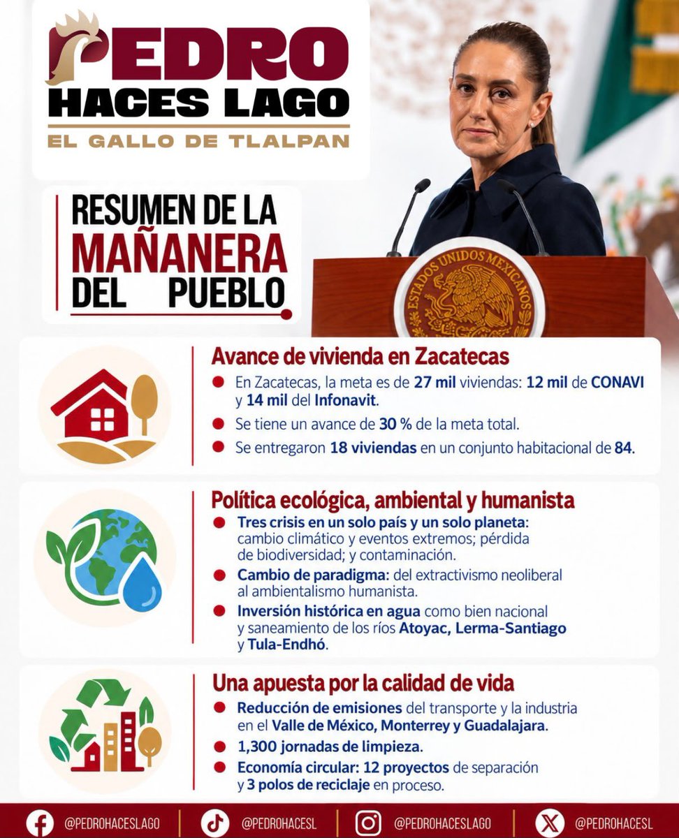 PedroHacesL's tweet photo. ¡MÁS VIVIENDA Y MENOS CONTAMINACIÓN! 🌎

Nuestra presidenta Claudia Sheinbaum compartió avances en vivienda para las familias de Zacatecas y una política ambiental que cuida el agua, sanea nuestros ríos, reduce emisiones y fortalece el reciclaje.

👉Conoce el resumen completo aquí.

#TúHacesTlalpan #PedroHacesLago