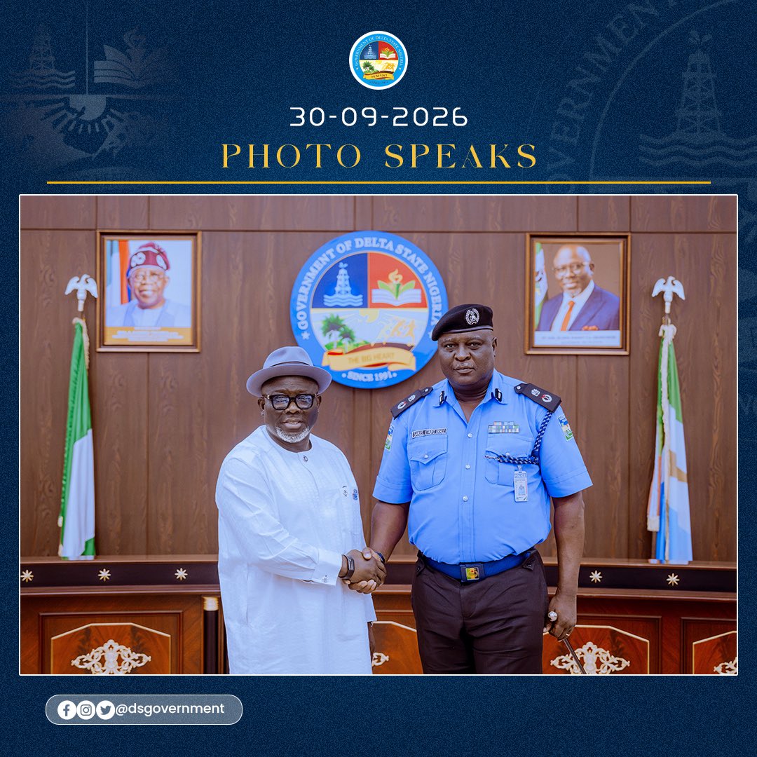 DSGovernment's tweet photo. Deepening collaboration for peace and security in Delta State, Governor Sheriff Oborevwori today received the newly posted Commissioner of Police, Delta State Command, CP Samuel Etaifo Erale, who paid a courtesy visit to the Governor at Government House, Asaba.

During the visit, CP Erale pledged to work with the State Government and other stakeholders to sustain peace and security across Delta State, while committing to professionalism, discipline and effective policing.

Governor Oborevwori welcomed the Commissioner as the 25th Commissioner of Police in the State, describing his posting as timely and strategic. He reaffirmed the State Government’s commitment to supporting the security agencies and strengthening collaboration to protect lives, livelihoods and critical infrastructure, with peace and security remaining a central pillar of the MORE Agenda.