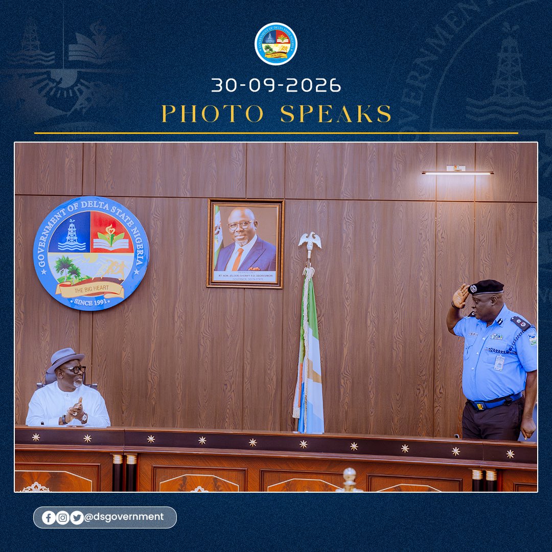 DSGovernment's tweet photo. Deepening collaboration for peace and security in Delta State, Governor Sheriff Oborevwori today received the newly posted Commissioner of Police, Delta State Command, CP Samuel Etaifo Erale, who paid a courtesy visit to the Governor at Government House, Asaba.

During the visit, CP Erale pledged to work with the State Government and other stakeholders to sustain peace and security across Delta State, while committing to professionalism, discipline and effective policing.

Governor Oborevwori welcomed the Commissioner as the 25th Commissioner of Police in the State, describing his posting as timely and strategic. He reaffirmed the State Government’s commitment to supporting the security agencies and strengthening collaboration to protect lives, livelihoods and critical infrastructure, with peace and security remaining a central pillar of the MORE Agenda.