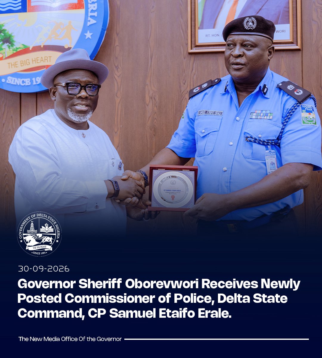 DSGovernment's tweet photo. Deepening collaboration for peace and security in Delta State, Governor Sheriff Oborevwori today received the newly posted Commissioner of Police, Delta State Command, CP Samuel Etaifo Erale, who paid a courtesy visit to the Governor at Government House, Asaba.

During the visit, CP Erale pledged to work with the State Government and other stakeholders to sustain peace and security across Delta State, while committing to professionalism, discipline and effective policing.

Governor Oborevwori welcomed the Commissioner as the 25th Commissioner of Police in the State, describing his posting as timely and strategic. He reaffirmed the State Government’s commitment to supporting the security agencies and strengthening collaboration to protect lives, livelihoods and critical infrastructure, with peace and security remaining a central pillar of the MORE Agenda.