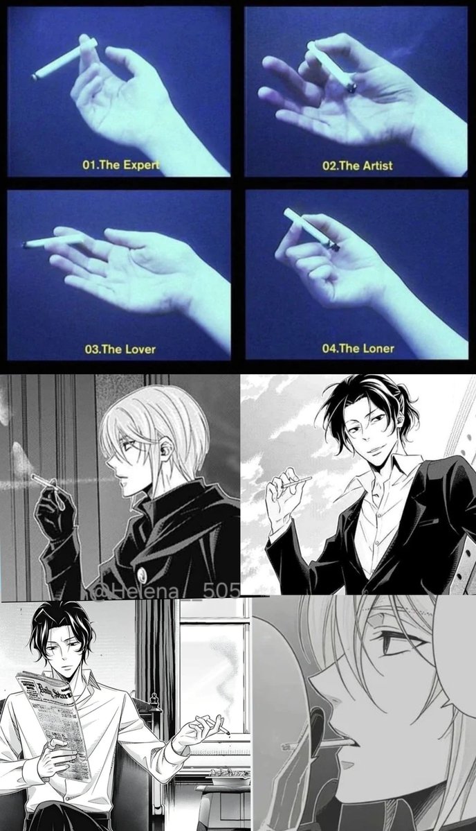 Helena__505's tweet photo. Did you know that there is a pop-psychology about cigarette-holding styles? 👀

Even though it’s not scientifically proven, manga and film often use these gestures deliberately to communicate personality traits.

📌 Fun Fact first: A Dr. William Neutra invented this idea in the 1950s!

His famous chart labels cigarette holds as these 4 types:

1️⃣ The Expert: Holds the Cigarette firmly between index and middle finger, hand steady. Conveys precision, skill, calculation. Often used for characters who are rational, sharp, and methodical.

2️⃣ The Artist: has a loose wrist, graceful fingers, cigarette is held lightly. Shows creativity, elegance, self-expression, a theatrical aura.

3️⃣ The Lover: holds it softly, palm exposed. Reveals emotional openness, sensuality, friendliness.

4️⃣ The Loner: holds it downward, wrist closed off, fingers curled. Conveys introversion, guardedness, detachment.

📌 William James Moriarty = The Expert / Artist

He holds his cigarette with precision, and his movement is controlled and aesthetic.

Psychologically: He has this calculated elegance and controlled emotions with detached confidence. He isn’t trying to impress, but he knows he does.

🚬 Liam smokes (sometimes) to slow down time, to think, plan & punish himself...

📌 Sherlock Holmes = The Loner /Artist

His grip is loose, natural, a bit messy: fingers curled, wrist relaxed, posture unposed

Psychologically: it fits his Loner profile (detached, internal energy) mixed with some Artist (intuitive, expressive). Sherlock is Free-spirited with restless energy, intuitive, chaotic, lives in his own mind and he is observant but unbothered by elegance.

🚬Sherly smokes (a lot) for distraction, stimulation and comforting his restless mind.

🔹️Sherlock’s way of holding a cigarette tells you he’s a brilliant, chaotic loner.

🔸️William’s way tells you he’s a controlled, elegant mastermind.

Do these interpretations fit their personalities? 

And do you think Sensei @344_hikaru did this on purpose? 🤍

#Sherliam #憂国のモリアーティ 
#mtp #MoriartyPatriot #sherlockholmes
#モリアニ #yuumori 
#シャーロック #ホームズ 
#シャーウィリ 
#ウィリアム #モリアーティ