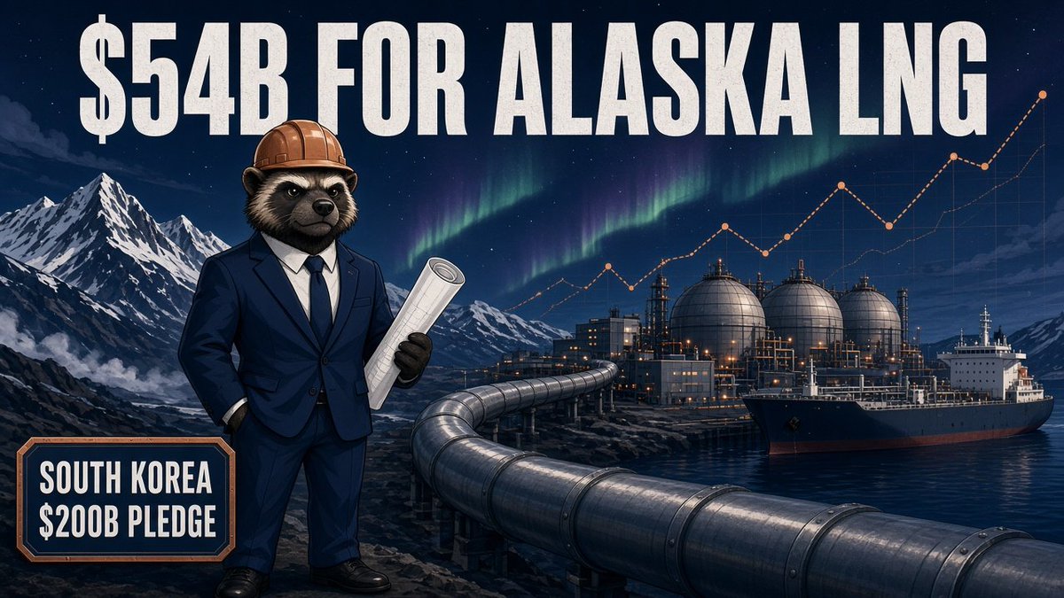 3FinanWolverine's tweet photo. Announcement today that South Korea is putting $200B into US energy projects, including $54B for Alaska LNG but it isn't official yet.

The Alaska project is an 807-mile pipeline and up to 20M tons a year of LNG, about a week's sail to Korea vs 3+ weeks from the Gulf Coast. https://t.co/KZkqyYwQO5