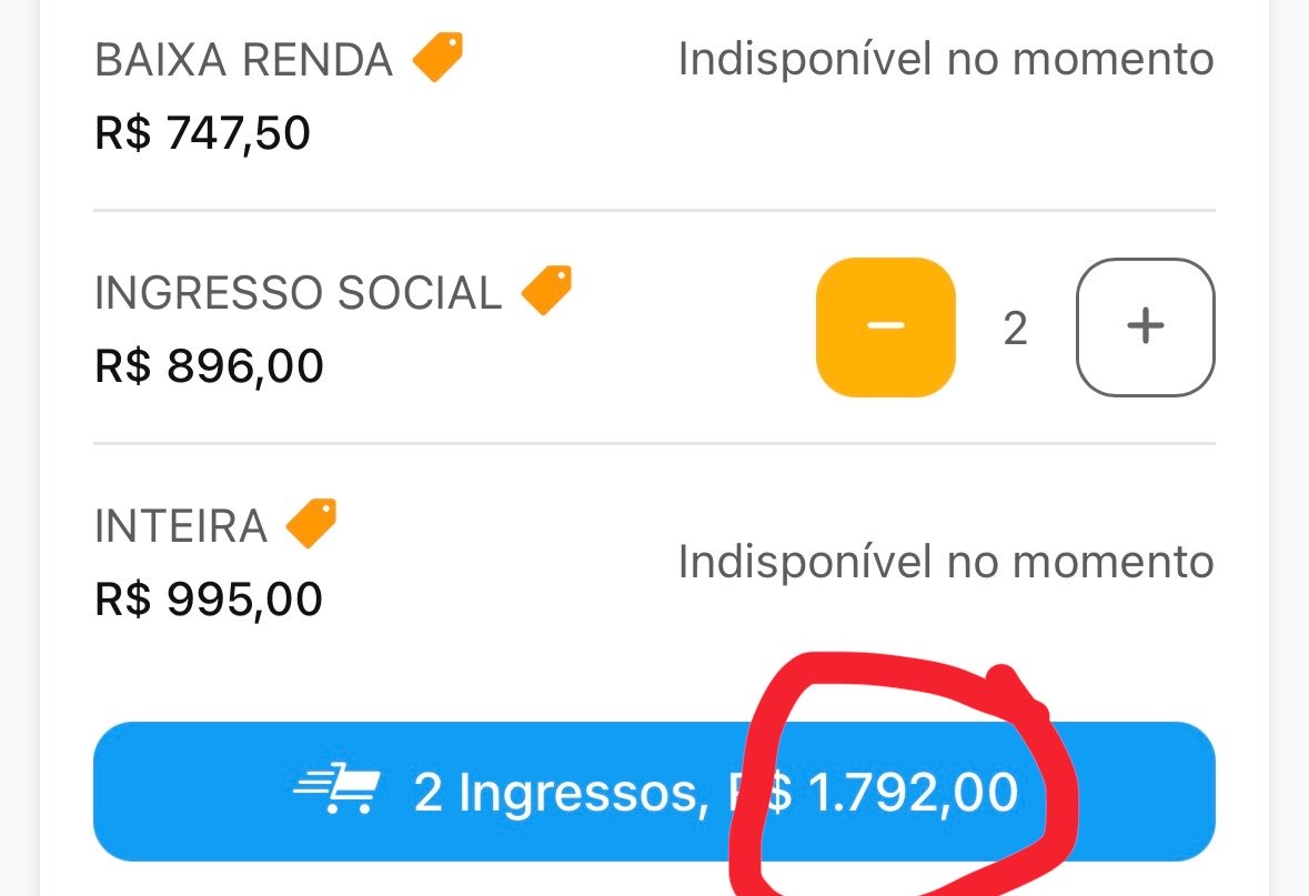 medeixairjao's tweet photo. Não acho normal o ingresso ser 1.792 ir pra 2.293 https://t.co/fVxYuw1lf0