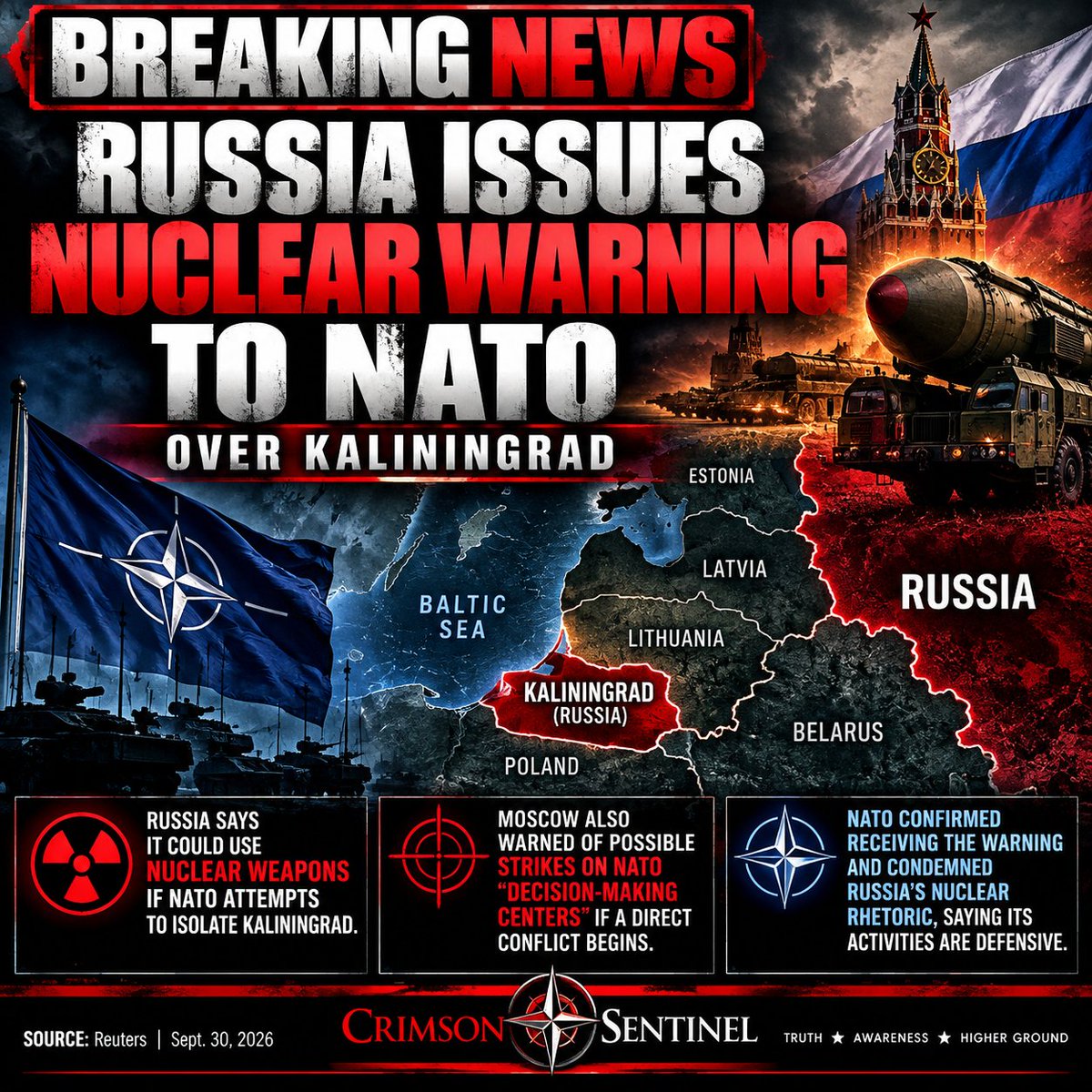 CrimsonSentinal's tweet photo. 🚨 BREAKING: RUSSIA ISSUES NUCLEAR WARNING TO NATO.

Moscow says it could use nuclear weapons if NATO attempts to isolate Russia's Kaliningrad region.

Russia also warned of possible strikes on NATO “decision-making centers” if direct conflict begins.

A major escalation in Baltic tensions. 👇

#BreakingNews #Russia #NATO #Kaliningrad
