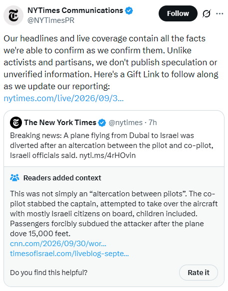 libsoftiktok's tweet photo. NY Times is now in FULL damage control mode after they were called out for referring to the stabbing of an airplane captain and an attempted hijacking by the co-pilot as an "altercation."

Their excuse is that they aren't "activists and partisans."

Pathetic https://t.co/AARnXAp4eK