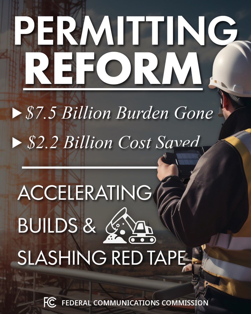 BrendanCarrFCC's tweet photo. Big win today at the @FCC on permitting reform. 💪

President Trump is slashing billions of dollars worth of regulatory red tape. https://t.co/qrzkHOJ25o