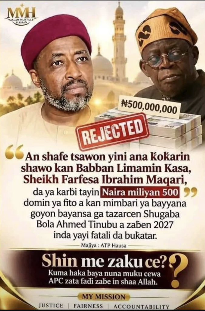 muhammaddayyiib's tweet photo. Reports claim that Sheikh Professor Ibrahim Maqari was offered ₦500 million to publicly endorse President Bola Ahmed Tinubu’s 2027 re-election campaign, but he allegedly rejected the offer. https://t.co/cfZUsdNM3n