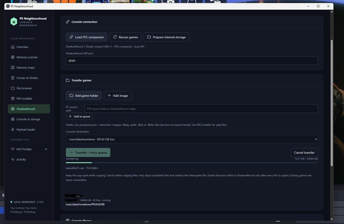 Jasperwbr's tweet photo. Added ShadowMount support to PS Neighborhood you can now transfer over ps5 games directly integrated with ShadowMount. It will refresh after game is installed. Completely hands off installer! Transferring at 73MB🔥https://t.co/0p5bRIkWv7
#etahen #jailbreak https://t.co/u1Y1406llc