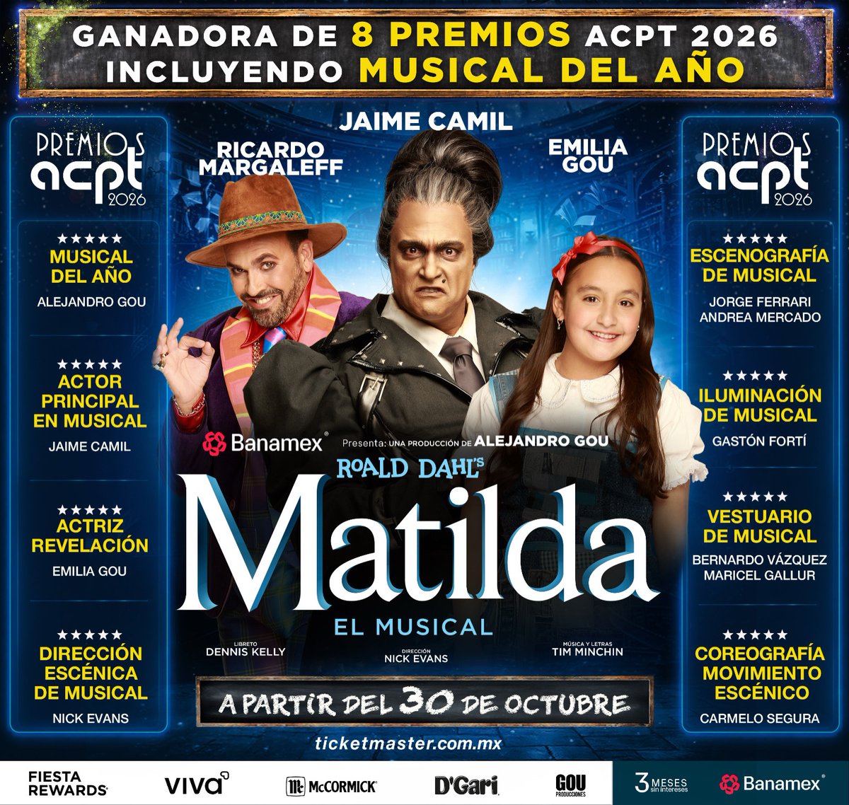 gouproducciones's tweet photo. ¡La magia de @matildamusic_mx  arrasa con 8 Premios ACPT 2026, incluyendo Musical del Año! 🏆📚

Celebramos el talento, la pasión y el trabajo de quienes hacen que esta historia cobre vida y agradecemos a cada espectador que ha sido parte de esta aventura. 💙

¡Regresamos el 30 de octubre con más razones para seguir haciendo magia!