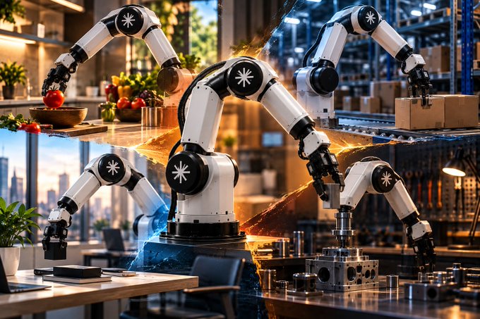 A composite image showing multiple white robotic arms performing various tasks including cooking, manufacturing, and assembly, with cityscapes and warm lighting effects in the background.