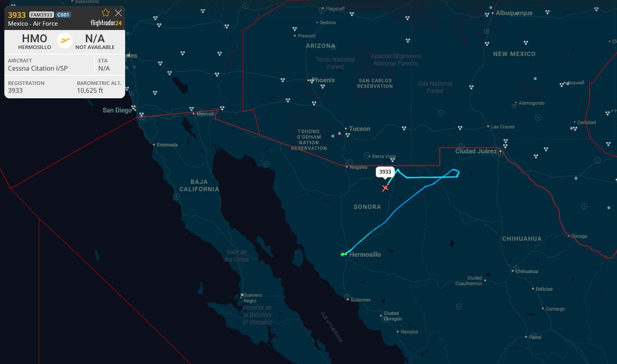 prefix64's tweet photo. FAM3933 (Cessna 501 Eagle II, #0D0942), fitted with the BIRD Aerosystems ASIO surveillance suite, departed Hermosillo (MMHO), supporting joint exercise Amalgam Eagle 2026. https://t.co/tDIFjGgUVd
