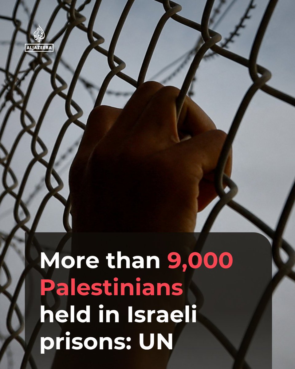 AJEnglish's tweet photo. As of September 2026, more than 9,000 Palestinians are held in Israeli prisons, according to Deputy Head of UN Human Rights in Palestine Neil Tobin.

🔴 LIVE updates: https://t.co/YzOFEBbyL4 https://t.co/VG1kyrxZOQ