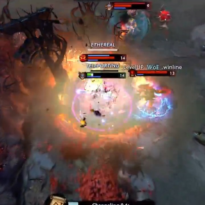 A top-down screenshot from an action role-playing game shows intense combat with spell effects, where characters with health bars are fighting enemies. On-screen text includes "ETHEREAL", "TELEPORTING", "LevelUP WoE_winline", and "Channelling 0.4s".