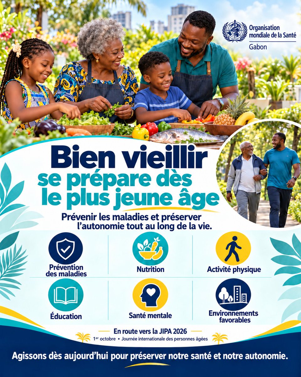 OMS_GABON's tweet photo. 👴🏾👵🏾Bien vieillir commence aujourd’hui. 

Prévenir, bien s’alimenter, rester actif et prendre soin de sa santé mentale pour préserver son autonomie à tout âge. 

#HealthyAgeing #OMSGabon https://t.co/lOgOf6yR7M
