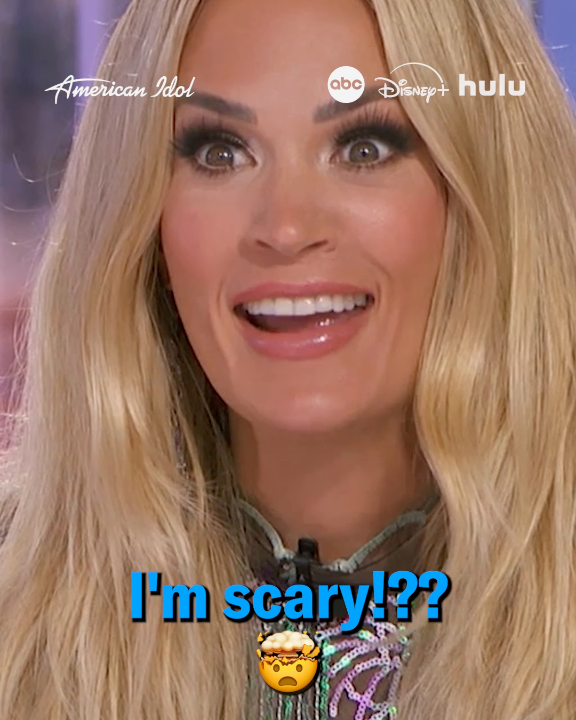 A surprised-looking Carrie Underwood on American Idol (with ABC, Disney+, and Hulu logos) reacts with the caption "I'm scary!?? 😨" above her, playing into the "Scary Carrie loves spooky season!" Halloween theme.