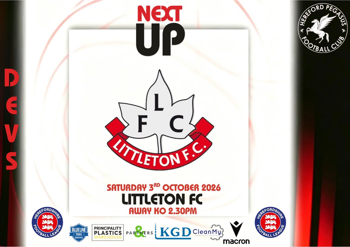 HerefordPegasus's tweet photo. 🔴⚽️HPFC DEVS⚽️🔴
This weekend our Devs are in Hummel Herefordshire Football League Premier Division action when they travel to take on Littleton FC.
📆 3-10-26
🏟️ Five Acres
⏱️ KO 2.30pm
#Devs #utp
#theredmen
#HummelHFL
#NextUp https://t.co/Vqlr2bvD0J