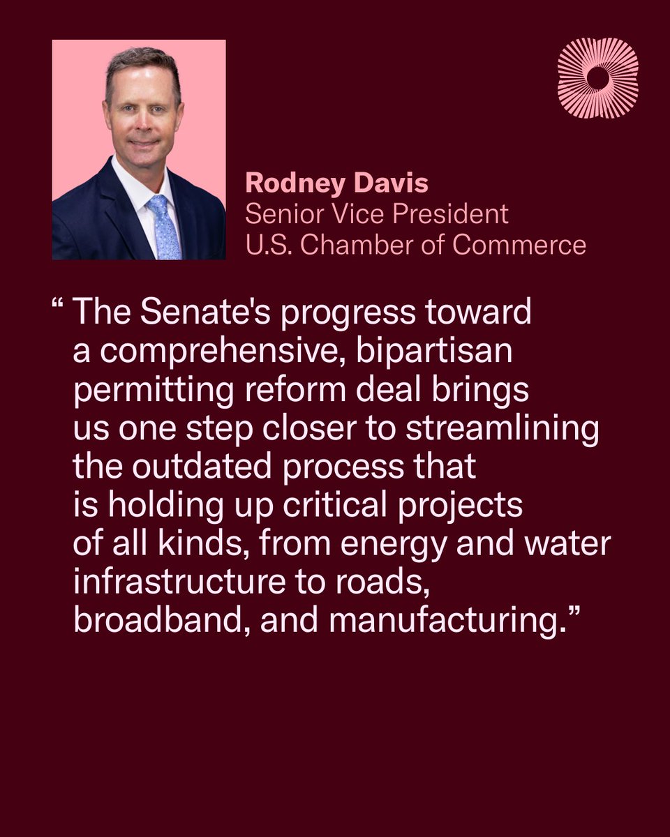 USChamber's tweet photo. We're encouraged by the Senate's progress toward a bipartisan permitting reform deal. Outdated processes have held up critical infrastructure projects for too long and it's time to act. We appreciate the leadership of @SenCapito, @SenWhitehouse, @SenMikeLee & @SenatorHeinrich to bring us to this point. 

Our statement from @RodneyDavis urging the Senate to bring it to the floor to #PermitAmerica2Build: https://t.co/CbLSUoXkF6