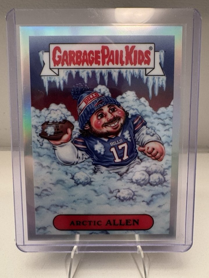 CardWire_'s tweet photo. A @PatrickMahomes Garbage Pail Kids card from 2026 Bowman Football set sold for $5,400 USD on eBay Wednesday morning. The seller took a best offer against a $7,000 USD ask.

A @JoshAllenQB "Arctic Allen" from the same insert sold for $2,800 USD on Tuesday evening, also on a best offer. 

Both cards were ungraded.